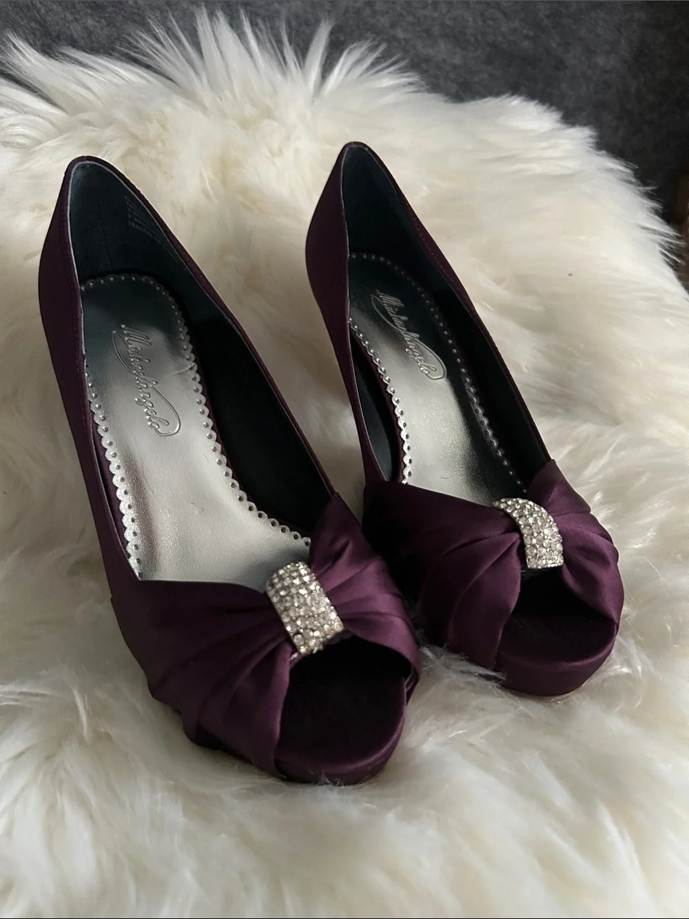 Michaelangelo Plum Satin Peep-Toe Heels with Crystal Bow
